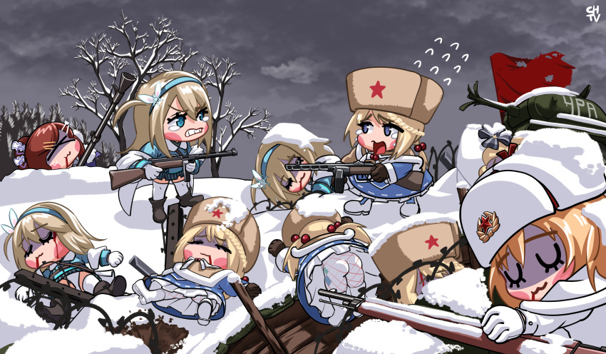 6+girls absurdres black_footwear blonde_hair blood blood_from_mouth blood_on_face blue_eyes blue_hairband bolt_action boots brown_hair capelet chibi chtv clone drum_magazine fur-trimmed_capelet fur_hat fur_trim girls'_frontline gun hair_between_eyes hair_bun hair_ornament hairband hat highres holding holding_gun holding_weapon light_brown_hair long_hair low_twintails ls26_(girls'_frontline) machine_gun magazine_(weapon) military_vehicle mosin-nagant mosin-nagant_(girls'_frontline) motor_vehicle multiple_girls outdoors panties pantyhose ppsh-41 ppsh-41_(girls'_frontline) red_flag red_star rifle sidelocks single_side_bun skirt snowflake_hair_ornament star_(symbol) striped striped_skirt submachine_gun suomi_(girls'_frontline) suomi_kp/-31 tank thighhighs trench twintails underwear ushanka vertical-striped_skirt vertical_stripes war weapon white_footwear white_panties white_pantyhose white_skirt white_thighhighs