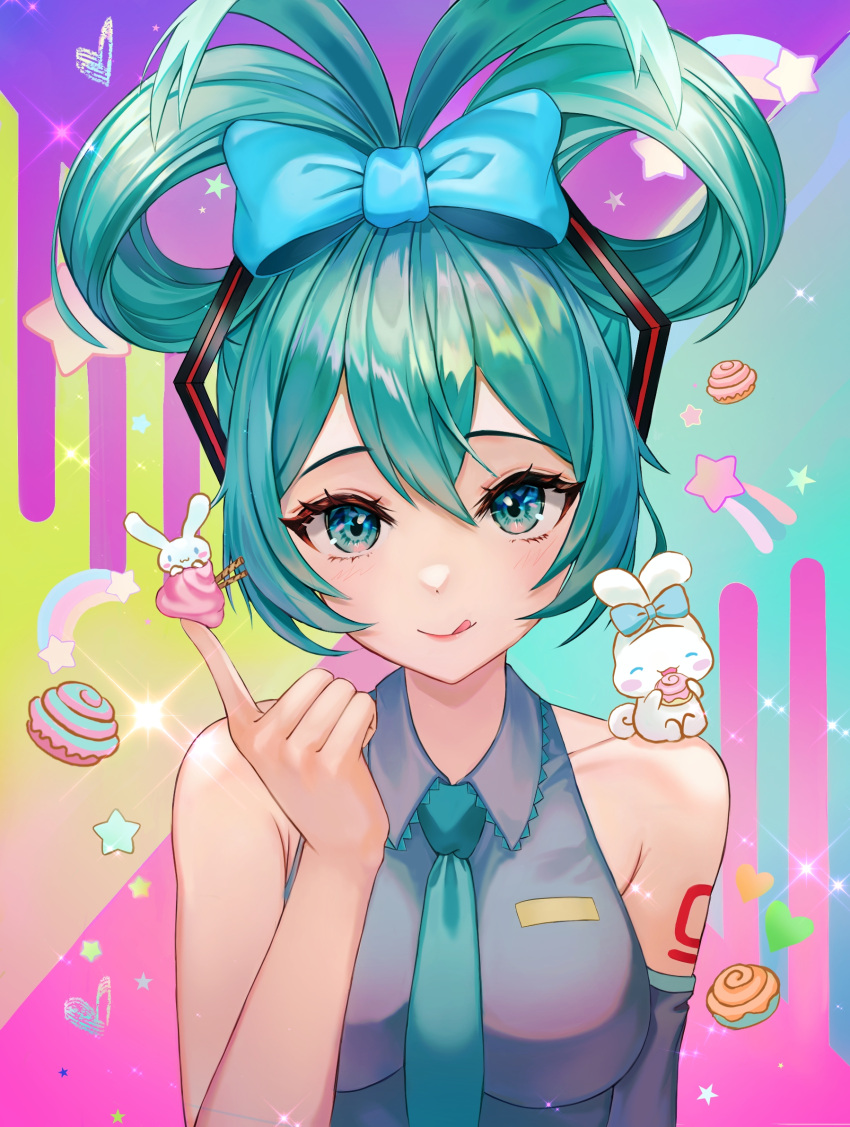 1girl :q aqua_eyes aqua_hair aqua_necktie bare_shoulders between_breasts blue_bow blue_shirt bow breasts cinnamiku cinnamoroll closed_mouth collared_shirt commentary_request detached_sleeves ear_bow folded_twintails food-themed_background hair_bow hair_rings hand_up hatsune_miku highres index_finger_raised kama_(kama_ovo) looking_at_viewer medium_breasts necktie necktie_between_breasts number_tattoo shirt sleeveless sleeveless_shirt solo straight_hair tattoo tied_ears tongue tongue_out updo upper_body vocaloid