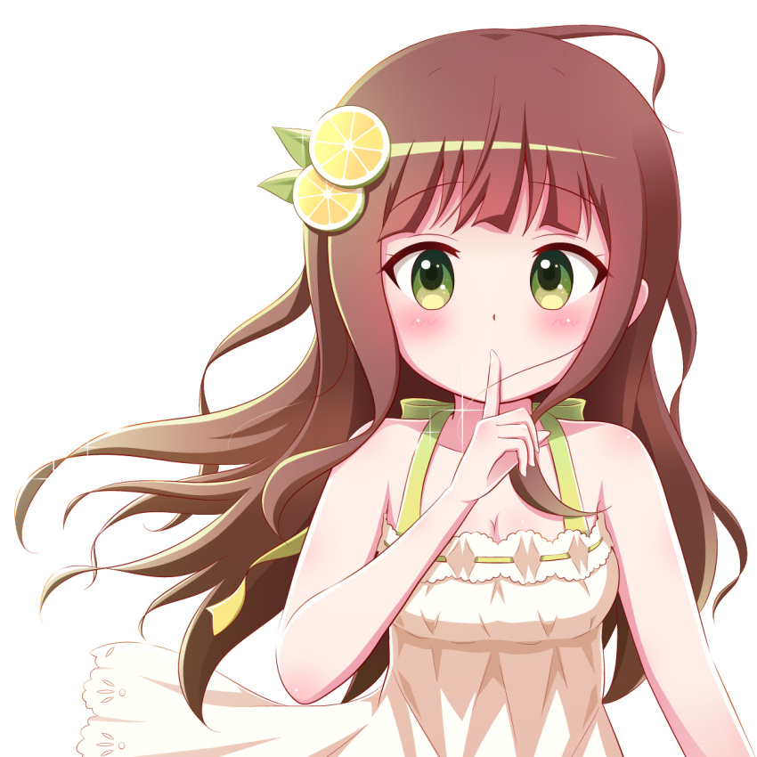 1girl ahoge bare_arms bare_shoulders blush breasts brown_hair cleavage collarbone covered_mouth dress food food-themed_hair_ornament fruit gochuumon_wa_usagi_desu_ka? goth_risuto green_eyes hair_ornament hand_up highres lemon lemon_hair_ornament lemon_slice long_hair looking_at_viewer medium_breasts revision simple_background sleeveless sleeveless_dress solo sparkle ujimatsu_chiya upper_body very_long_hair white_background white_dress