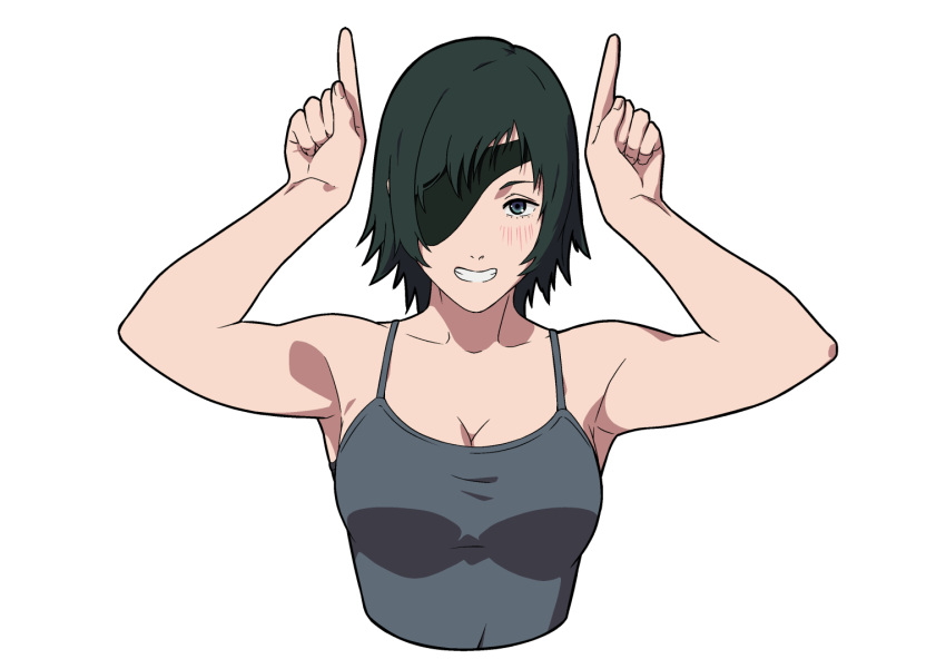 1girl antoniomalara black_hair breasts chainsaw_man cleavage commission cropped_torso eyepatch grey_camisole grey_eyes grin himeno_(chainsaw_man) index_fingers_raised large_breasts medium_hair smile solo upper_body