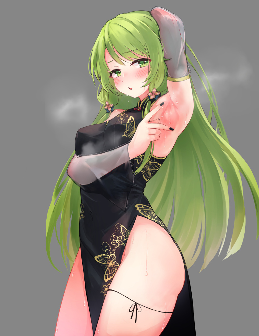 1girl absurdres animal_print arm_up armpits black_dress black_nails blush breasts butterfly_print china_dress chinese_clothes detached_sleeves dress festa11307070 flower green_eyes green_hair grey_background hair_flower hair_ornament highres long_hair looking_at_viewer medium_breasts morinaka_kazaki nail_polish nijisanji presenting_armpit print_dress see-through see-through_sleeves simple_background solo spread_armpit standing steaming_body sweat thighs very_long_hair virtual_youtuber