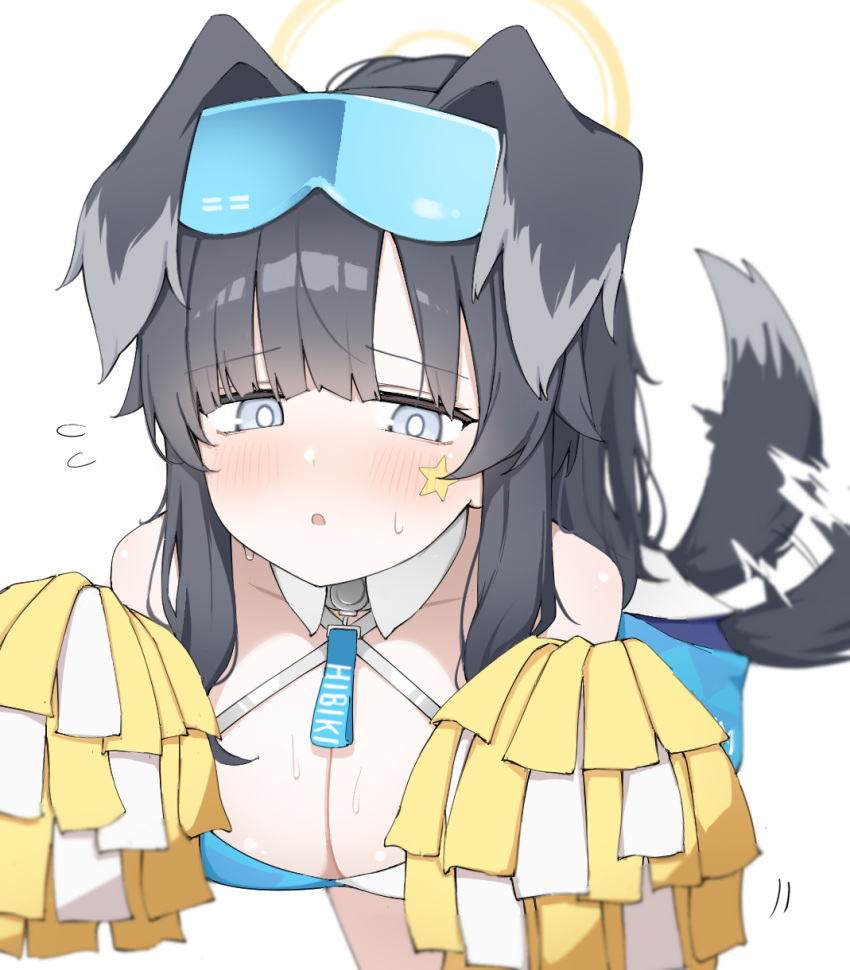 1girl animal_ears black_hair blue_archive breasts cheerleader cleavage cowboy_shot detached_collar dog_ears dog_tail eyewear_on_head facial_mark flying_sweatdrops grey_eyes halo halterneck hibiki_(blue_archive) hibiki_(cheer_squad)_(blue_archive) highres holding holding_pom_poms large_breasts long_hair millennium_cheerleader_outfit_(blue_archive) official_alternate_costume pom_pom_(cheerleading) ponytail safety_glasses simple_background solo star_(symbol) tail white_background yellow_halo yuukun_mk-ii