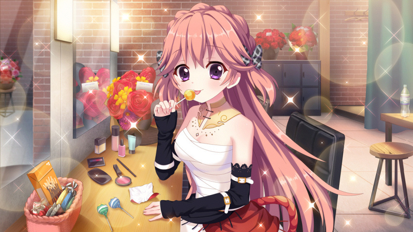 1girl arm_belt bare_shoulders belt black_sleeves bottle bouquet bow breasts brick_wall candy candy_wrapper chair cleavage clothes_hanger curtains detached_sleeves dot_nose dressing_room elbow_on_table film_grain flower food game_cg grey_bow haeno_akari hair_bow hand_on_table izumi_tsubasu jewelry lens_flare licking locker lollipop long_hair looking_at_viewer medium_breasts mirror multiple_belts necklace non-web_source official_art orange_hair plaid plaid_bow pocky purple_eyes purple_flower re:stage! red_flower red_rose red_skirt reflection rope rose sarashi shimenawa sitting skirt smile solo sparkle table tile_floor tiles tongue tongue_out two_side_up vanity_table very_long_hair water_bottle white_belt white_flower wicker_basket wooden_stool wooden_table yellow_flower