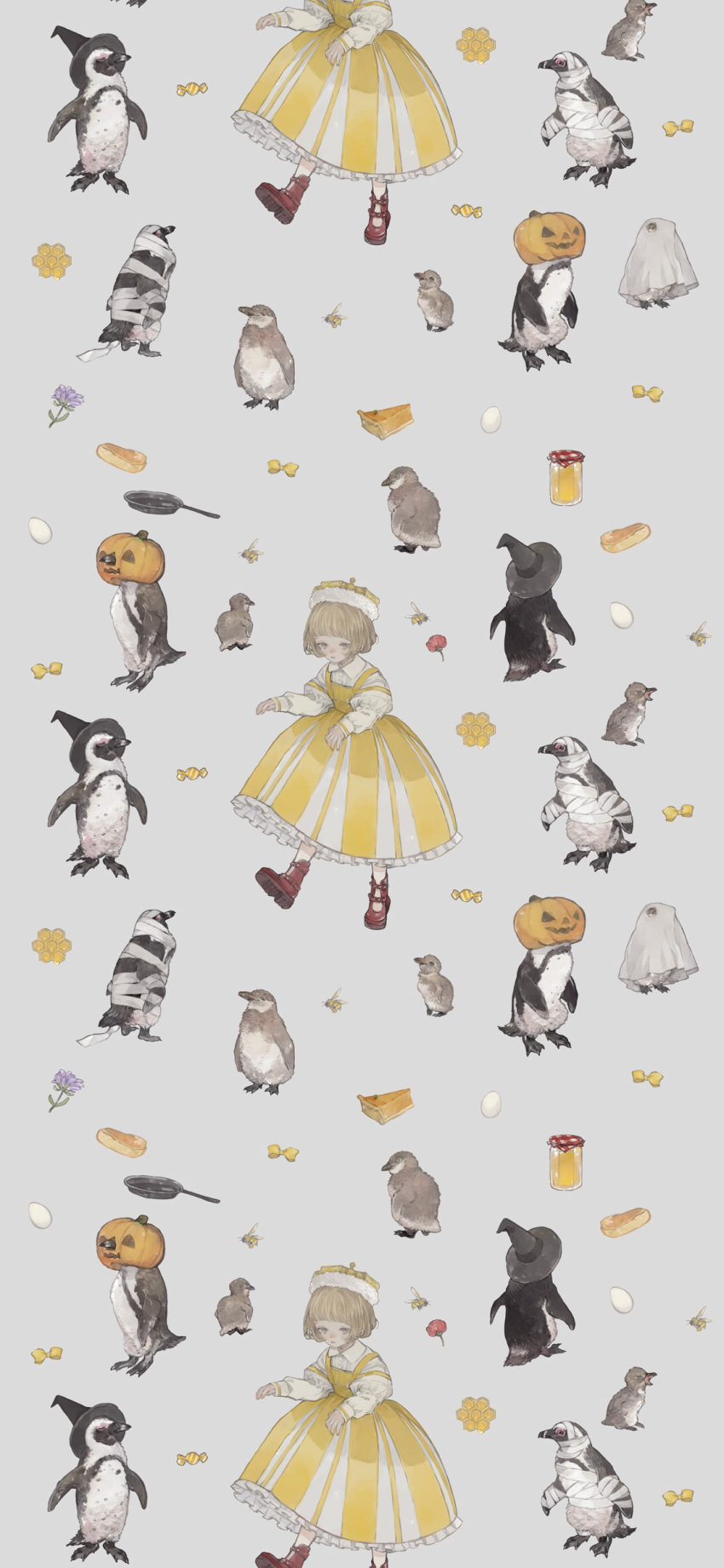 1girl absurdres african_penguin animal bandages bee bird blonde_hair blunt_bangs bob_cut boots brown_footwear bug candy commentary crown dress egg flower food frilled_dress frills frying_pan grey_background halloween hat highres honey honeycomb_(object) jack-o'-lantern jar juliet_sleeves long_sleeves looking_at_viewer nekosuke_(oxo) original penguin pie pie_slice puffy_sleeves pumpkin_pie purple_flower red_flower ribbon short_hair simple_background standing symbol-only_commentary tileable walking witch_hat yellow_dress yellow_ribbon