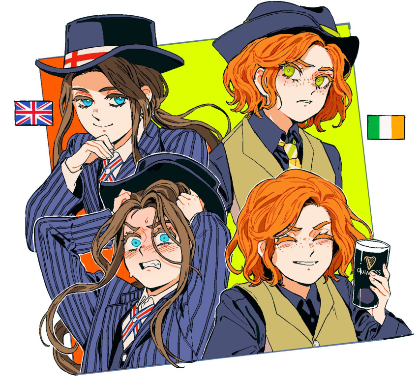 2girls blue_eyes blue_headwear blue_jacket blue_shirt brown_hair despair english_flag formal freckles green_eyes guinness_(beer) highres irish_flag jacket multiple_girls multiple_views nanimonothing necktie orange_hair original shirt sketch smile suit union_jack white_background white_shirt yellow_jacket