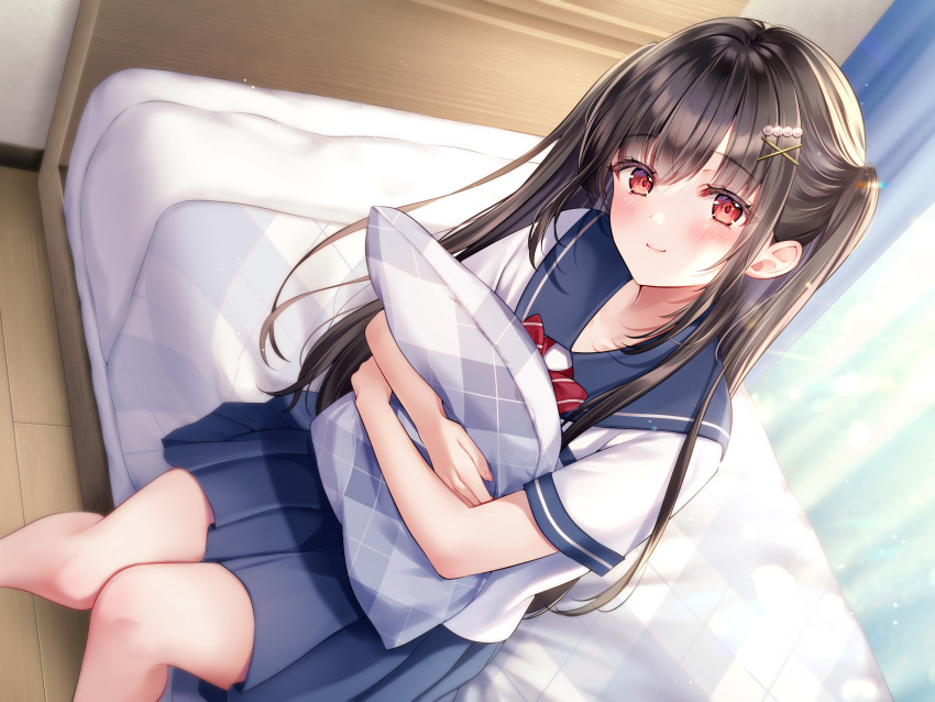 1girl absurdres bed bed_sheet black_hair blue_curtain blue_sailor_collar blue_serafuku blue_skirt blush closed_mouth collarbone commentary_request crossed_bangs curtains feet_out_of_frame hair_intakes hair_ornament hair_over_shoulder hairpin head_tilt highres holding holding_pillow indoors knees_together_feet_apart light_rays long_hair looking_at_viewer neckerchief non-web_source object_hug on_bed original parted_bangs pillow pillow_hug pleated_skirt red_eyes red_neckerchief sailor_collar school_uniform serafuku shirt sidelocks sitting skirt smile solo transparent_curtains twintails very_long_hair white_shirt window yugirlpict