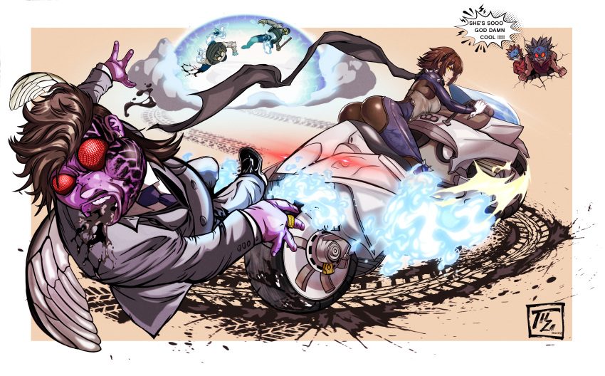 1girl 3boys absurdres ass battle black_scarf bodysuit brown_hair colored_skin compound_eyes driving formal gloves hamza_touijri highres joanna_(persona_5) kaneshiro_junya knee_spikes motor_vehicle motorcycle multiple_boys niijima_makoto persona persona_5 purple_skin scarf shadow_(persona) shoulder_spikes skid_mark skin_tight spikes suit white_gloves yellow_eyes