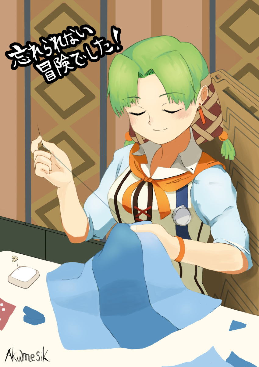 1girl absurdres akumesik breasts closed_eyes closed_mouth cross-laced_clothes dress earrings grandia grandia_i green_hair hair_net highres holding holding_needle jewelry lily_(grandia) long_hair needle smile solo