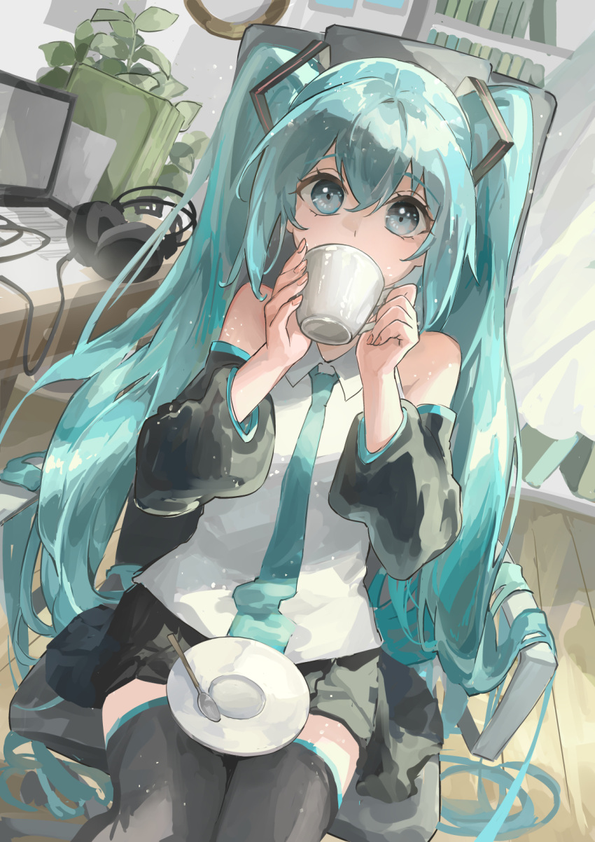 1girl aqua_eyes aqua_hair aqua_necktie bare_shoulders black_skirt black_sleeves black_thighhighs bookshelf cable chair commentary computer cowboy_shot cup detached_sleeves hair_ornament hatsune_miku headphones headphones_removed highres himukai_aoi holding holding_cup indoors long_hair looking_at_viewer miniskirt monitor necktie office_chair paper plant pleated_skirt saucer shirt sitting skirt sleeveless sleeveless_shirt solo spoon swivel_chair table teacup teaspoon thighhighs twintails very_long_hair vocaloid white_shirt wooden_floor