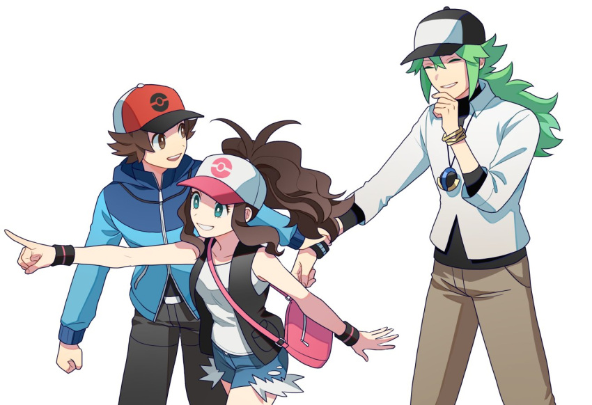 1girl 2boys :d bag belt_buckle black_headwear black_vest black_wristband blue_jacket brown_eyes brown_hair brown_pants buckle closed_eyes collared_shirt commentary_request hair_between_eyes handbag hat high_ponytail hilbert_(pokemon) hilda_(pokemon) holding_another's_wrist jacket jewelry long_sleeves multiple_boys n_(pokemon) necklace open_clothes open_mouth open_vest pants pink_bag pointing pokemon pokemon_(game) pokemon_bw red_headwear shirt shorts shoulder_bag sidelocks simple_background smile undershirt vest white_background white_headwear white_shirt y_(036_yng)