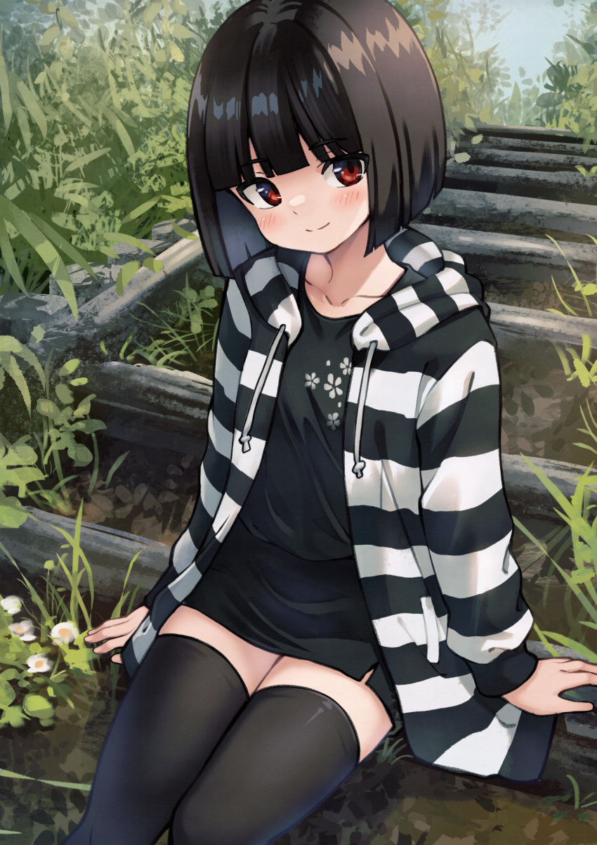 1girl akemiho_tabi_nikki arms_at_sides black_dress black_hair black_hoodie black_thighhighs blunt_bangs blunt_ends blush bob_cut breasts closed_mouth collarbone commentary cowboy_shot day drawstring dress floral_print flower foliage fukube_tamaki gendai_ninjakko_zukan grass hands_on_ground head_tilt highres hood hood_down hoodie kouno_hikaru long_hoodie long_sleeves looking_at_viewer on_ground open_clothes open_hoodie original outdoors red_eyes short_dress short_hair sitting sitting_on_stairs sky small_breasts smile solo stairs striped striped_hoodie thighhighs white_flower white_hoodie zettai_ryouiki