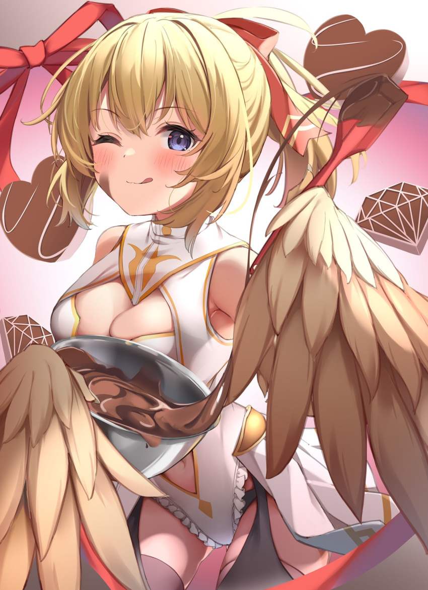 1girl ;q black_thighhighs blonde_hair blue_eyes blush breast_curtains breasts candy chocolate chocolate_on_face cleavage clothing_cutout collar cowboy_shot food food_on_face frilled_leotard frills hair_ribbon harpy heart heart-shaped_chocolate highres imsaibo3 indie_virtual_youtuber leotard mavia_(vtuber) mixing_bowl monster_girl navel one_eye_closed red_ribbon ribbon second-party_source sleeveless solo spatula thighhighs tongue tongue_out virtual_youtuber white_collar white_leotard yellow_wings