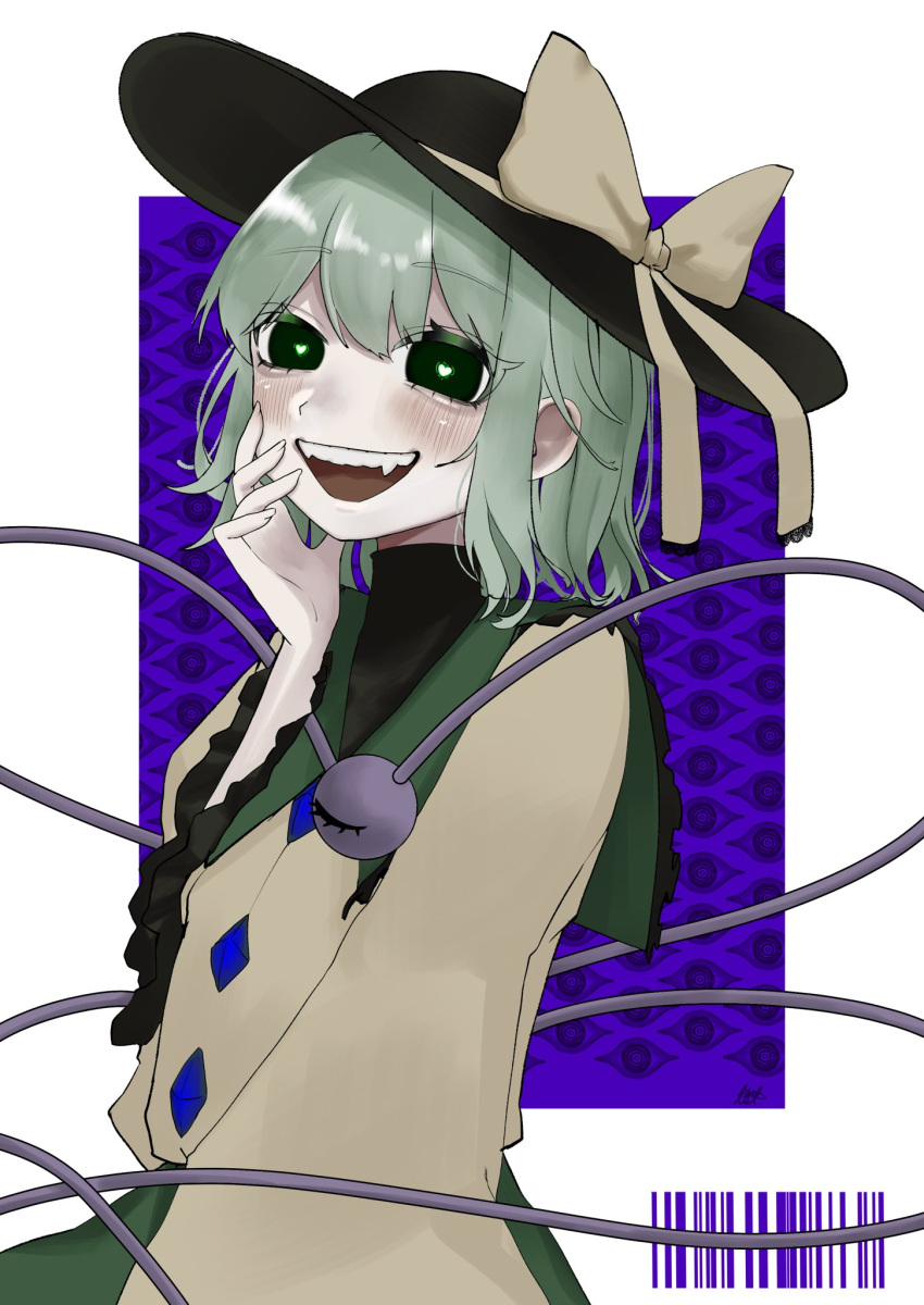 1girl :d barcode black_eyes black_headwear bow commentary green_hair green_pupils hat hat_bow heart heart-shaped_pupils highres komeiji_koishi long_sleeves looking_at_viewer open_mouth purple_background shirt short_hair smile solo symbol-only_commentary symbol-shaped_pupils teeth third_eye touhou upper_body upper_teeth_only yellow_bow yellow_shirt yomogi_0001