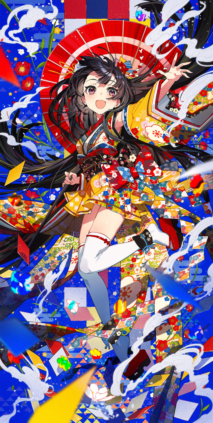 1girl absurdres black_hair blue_background breasts colorful detached_sleeves fingernails floral_print_kimono flower hair_between_eyes highres holding holding_umbrella japanese_clothes kimono leaf light_blush long_hair long_sleeves looking_at_viewer medium_breasts mika_pikazo open_mouth original outstretched_arm outstretched_hand patterned_background patterned_clothing purple_eyes red_flower sandals smile smoke solo traditional_clothes umbrella white_flower wide_sleeves yellow_flower