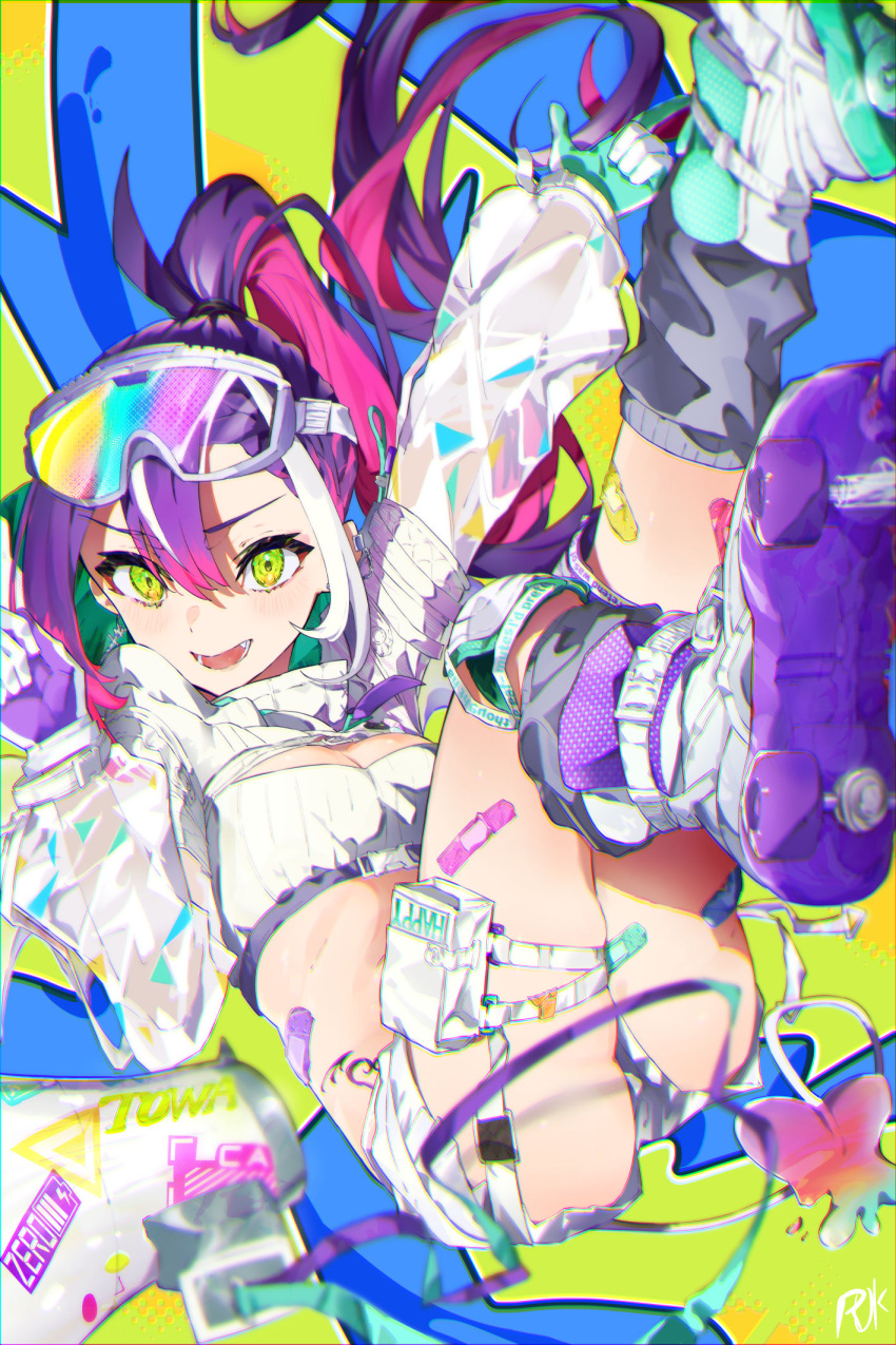 1girl bandaid bandaid_on_leg breasts colored_inner_hair commentary demon_tail double-parted_bangs ear_piercing full_body gloves goggles goggles_on_head green_eyes grey_socks high_ponytail highres hololive knee_pads koufuku_graffiti long_hair long_sleeves looking_at_viewer loose_socks midriff multicolored_hair official_alternate_costume official_alternate_hair_length official_alternate_hairstyle open_mouth piercing pink_hair pointy_ears purple_hair rokka_(rokka_013a) roller_skates see-through see-through_sleeves short_shorts shorts shrug_(clothing) skates small_breasts socks solo strapless streaked_hair symbol-only_commentary tail thigh_pouch tokoyami_towa tokoyami_towa_(5th_costume) tube_top v-shaped_eyebrows virtual_youtuber white_gloves white_shorts white_tube_top