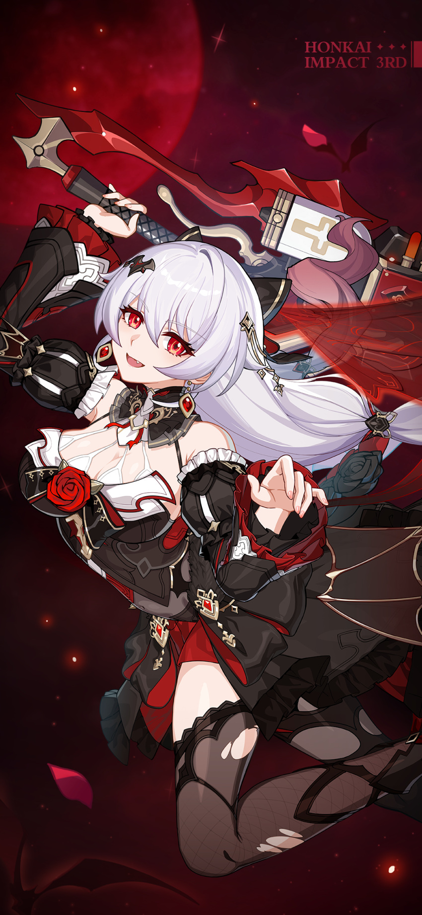 1girl bare_shoulders bat_hair_ornament black_dress breasts chainsaw chinese_commentary detached_sleeves dress earrings flower hair_ornament highres holding holding_chainsaw holding_weapon honkai_(series) honkai_impact_3rd jewelry large_breasts logo long_hair looking_at_viewer low_ponytail luna_(honkai_impact) official_art official_wallpaper open_mouth petals red_eyes red_flower red_petals red_rose red_theme rose solo theresa_apocalypse theresa_apocalypse_(lunar_vow:_crimson_love) upper_body weapon white_hair