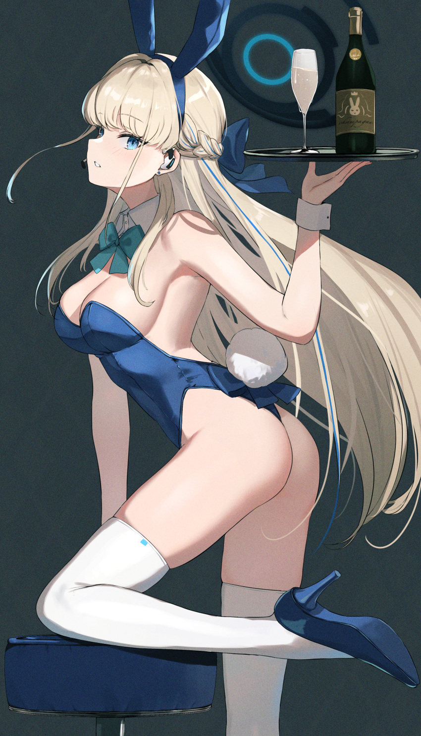 1girl absurdres alcohol animal_ears ass back backless_leotard blonde_hair blue_archive blue_eyes blue_hairband blue_leotard breasts champagne champagne_bottle cup dolce_(dolsuke) drinking_glass ear_piercing earpiece fake_animal_ears floating_hair from_behind hairband halo highres holding holding_tray leotard long_hair looking_back medium_breasts official_alternate_costume official_alternate_hairstyle piercing playboy_bunny rabbit_ears rabbit_tail sideboob solo tail thighhighs toki_(blue_archive) toki_(bunny)_(blue_archive) tray v very_long_hair white_thighhighs wrist_cuffs