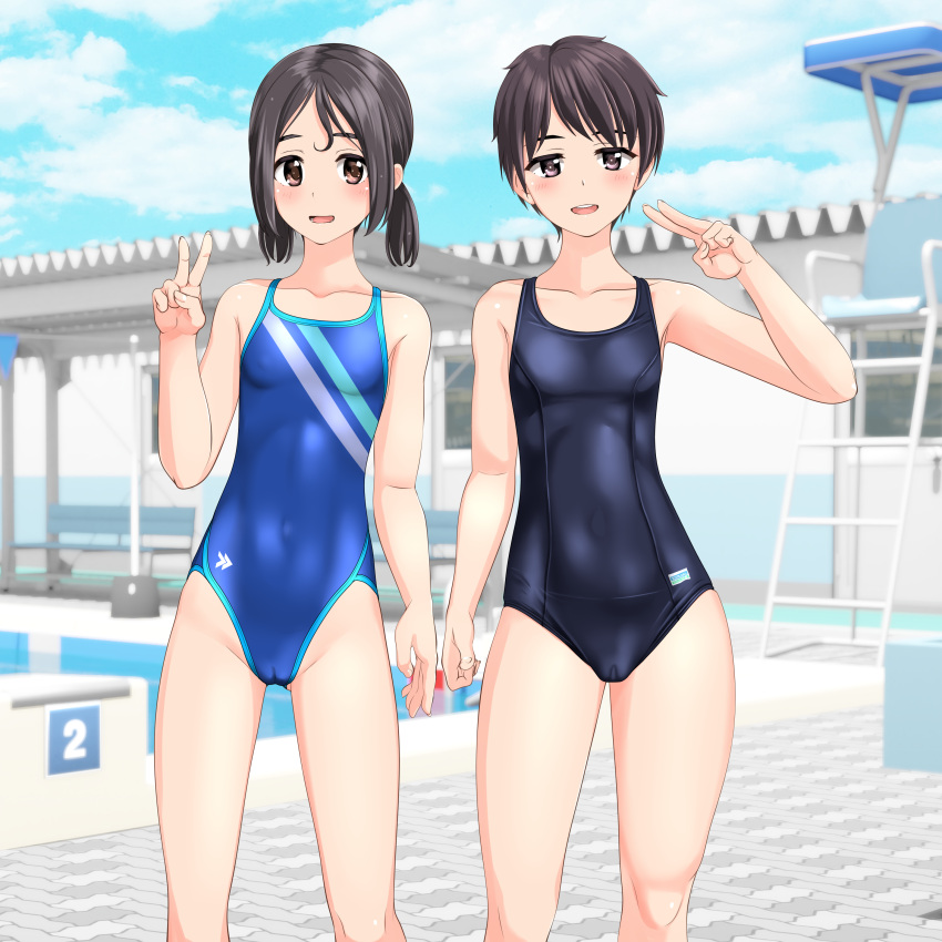 2girls absurdres black_hair black_one-piece_swimsuit blue_one-piece_swimsuit blue_sky breasts brown_eyes cameltoe cloud collarbone commentary_request competition_swimsuit covered_navel day feet_out_of_frame highres lifeguard_chair logo looking_at_viewer low_twintails multicolored_clothes multicolored_swimsuit multiple_girls new_school_swimsuit one-piece_swimsuit original outdoors pool poolside school_swimsuit short_hair sky small_breasts starting_block swimsuit takafumi twintails v