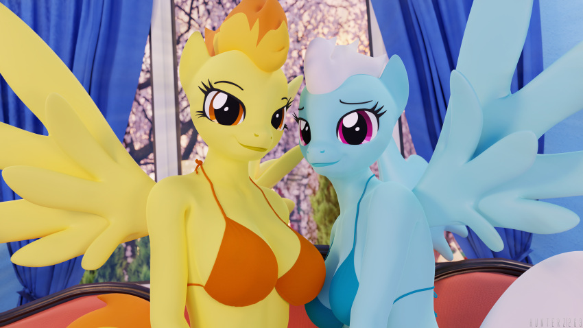 2023 3d_(artwork) absurd_res anthro bikini breasts clothing digital_media_(artwork) duo equid equine eyelashes female fleetfoot_(mlp) friendship_is_magic hasbro hi_res hunterz mammal my_little_pony pegasus spitfire_(mlp) swimwear wings wonderbolts_(mlp)