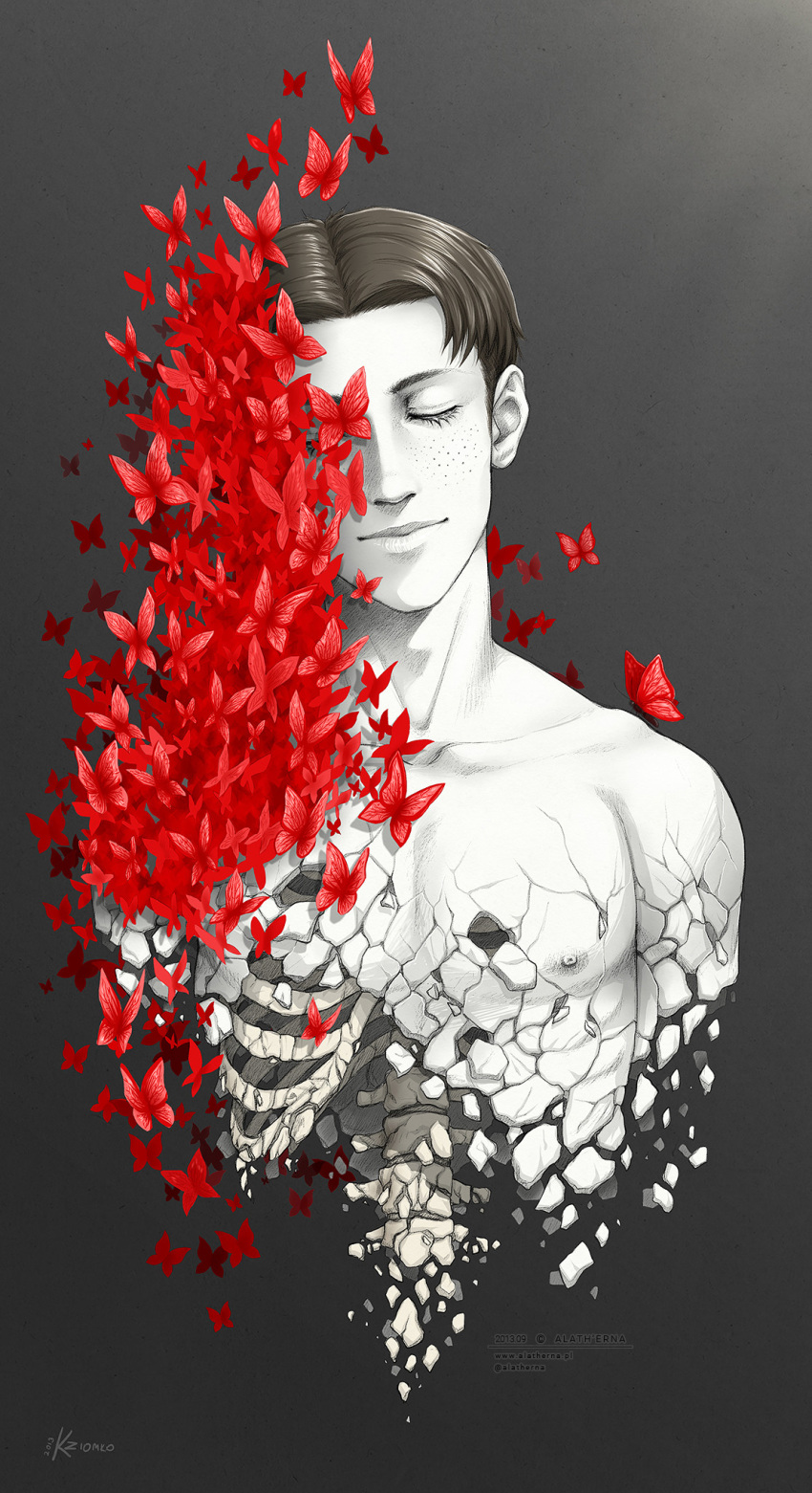 1boy black_hair bug butterfly collarbone cropped_torso death disappear eyelashes freckles greyscale highres katarzyna_ziomko light_smile male_focus marco_bodt monochrome nipples nude red_butterfly shingeki_no_kyojin short_hair skeleton solo spoilers spot_color symbolism thick_eyebrows