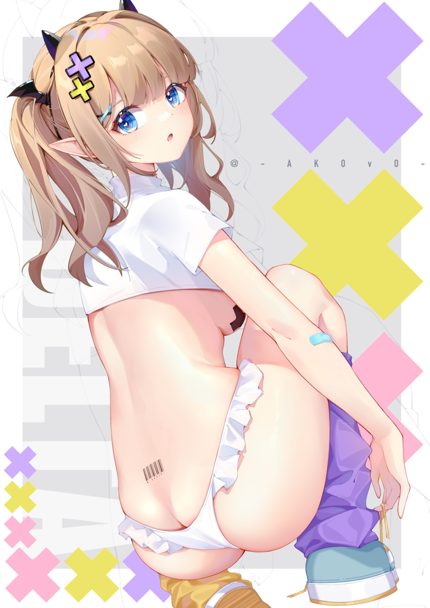 1girl absurdres akovo ass back bandaid bandaid_on_arm barcode barcode_tattoo blonde_hair blue_eyes blush breasts butt_crack hair_ornament hairclip highres long_hair looking_at_viewer medium_breasts original pasties pointy_ears shirt solo squatting tattoo twintails undressing white_shirt wing_hair_ornament