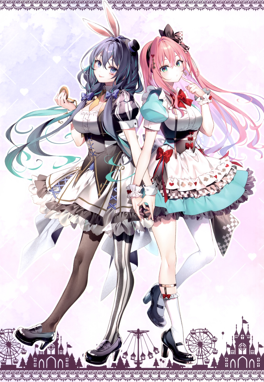 2girls absurdres alice_(alice_in_wonderland) alice_(alice_in_wonderland)_(cosplay) alice_in_wonderland animal_ears asymmetrical_clothes asymmetrical_legwear back-to-back black_hair blue_eyes blush breasts buttons checkered_clothes cosplay dress earrings facial_tattoo fake_animal_ears fingernails frilled_dress frilled_skirt frills full_body gradient_background hair_ornament hairband hairclip hand_up hat high_heels highres holding index_finger_raised jewelry long_hair looking_at_viewer luanastia_fluegel medium_breasts mini_hat multiple_girls necktie original pantyhose pink_hair pocket_watch puffy_short_sleeves puffy_sleeves purple_eyes rabbit_ears red_ribbon rianastia_flugel ribbon riichu scan shoes short_dress short_sleeves simple_background single_thighhigh skirt smile socks striped tattoo thighhighs tongue tongue_out vertical_stripes watch white_rabbit_(alice_in_wonderland) white_rabbit_(alice_in_wonderland)_(cosplay) wrist_cuffs