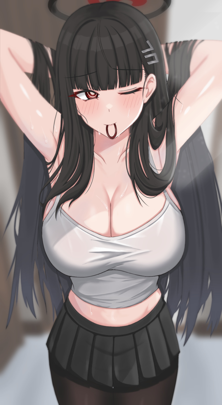 1girl arms_behind_head arms_up black_hair black_skirt blue_archive blush breasts bright_pupils camisole cleavage hairband halo hands_in_hair highres large_breasts long_hair looking_at_viewer midriff miniskirt pantyhose red_eyes rio_(blue_archive) skirt solo sweat white_camisole woodhxx