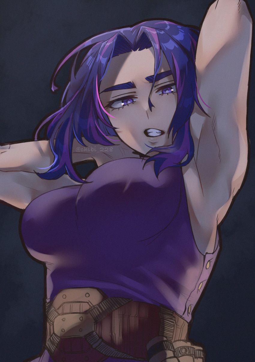 1girl armpits arms_up boku_no_hero_academia breasts chibi_228 highres lady_nagant large_breasts looking_at_viewer multicolored_hair pink_hair purple_eyes purple_hair purple_shirt shirt short_hair sleeveless solo