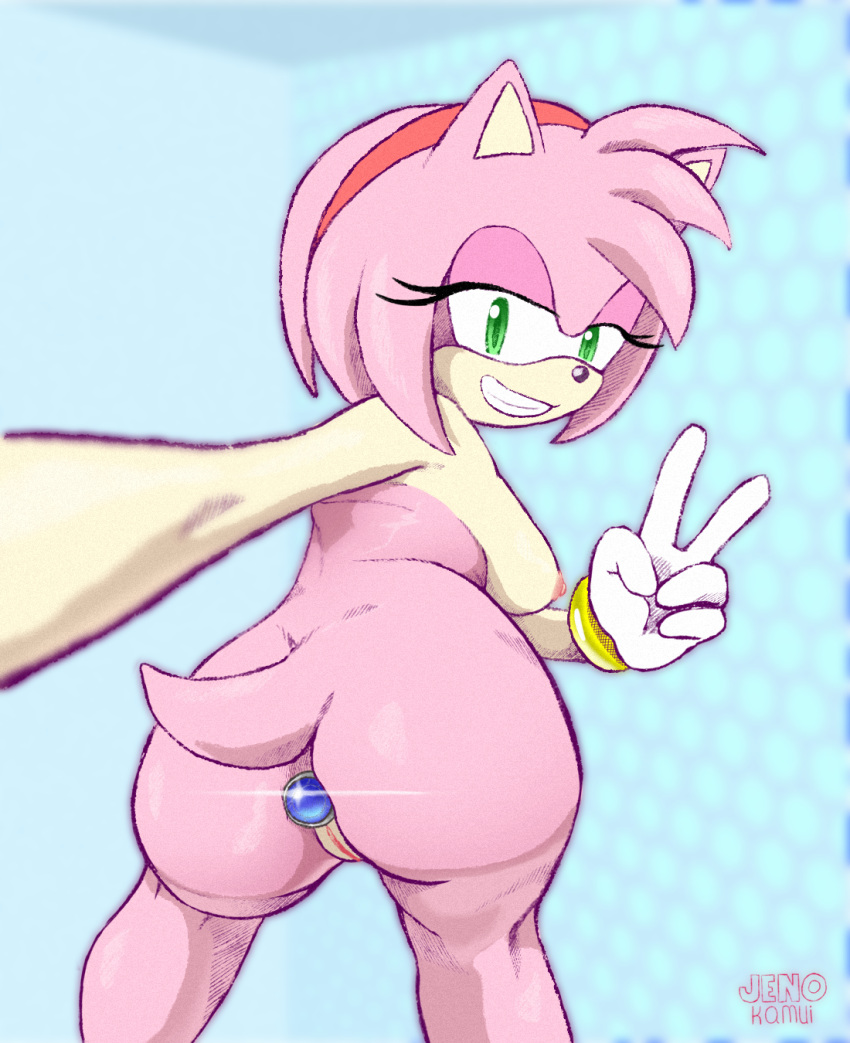 amy_rose anthro areola bedroom_eyes breasts butt buttplug eulipotyphlan female genitals hedgehog hi_res jenokamui jetfrozen looking_at_viewer looking_back mammal narrowed_eyes nipples nude pink_body plug_(sex_toy) pussy seductive sega sex_toy simple_background smile solo sonic_the_hedgehog_(series)