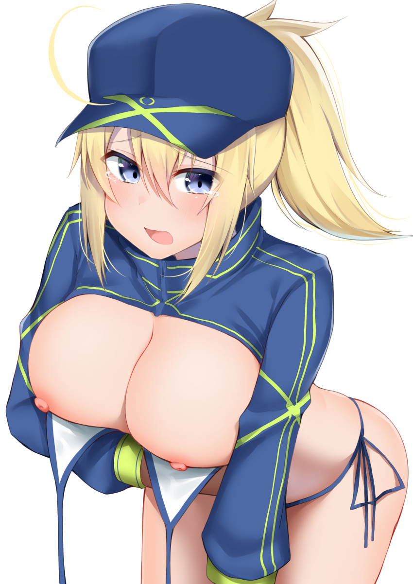 1girl ahoge arm_under_breasts artoria_pendragon_(fate) baseball_cap bikini blonde_hair blue_eyes blue_headwear blue_jacket blush breasts cleavage commentary_request fate/grand_order fate_(series) hair_between_eyes hair_through_headwear hat highres jacket kitajima_yuuki large_breasts leaning_forward long_hair long_sleeves looking_at_viewer mysterious_heroine_xx_(fate) navel nipple_slip nipples open_mouth ponytail shrug_(clothing) side-tie_bikini_bottom simple_background solo swimsuit thighs untied_bikini white_background white_bikini