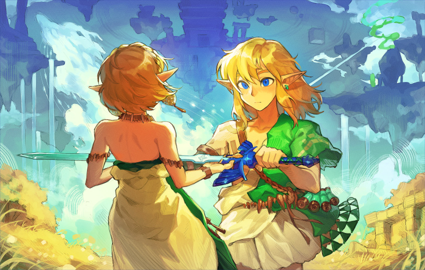 1boy 1girl 9twoeight absurdres archaic_set_(zelda) blonde_hair blue_eyes dress earrings floating_island gloves grass green_tunic highres jewelry link making-of_available master_sword pointy_ears princess_zelda ruins short_hair sword the_legend_of_zelda the_legend_of_zelda:_tears_of_the_kingdom triforce triforce_print water waterfall weapon