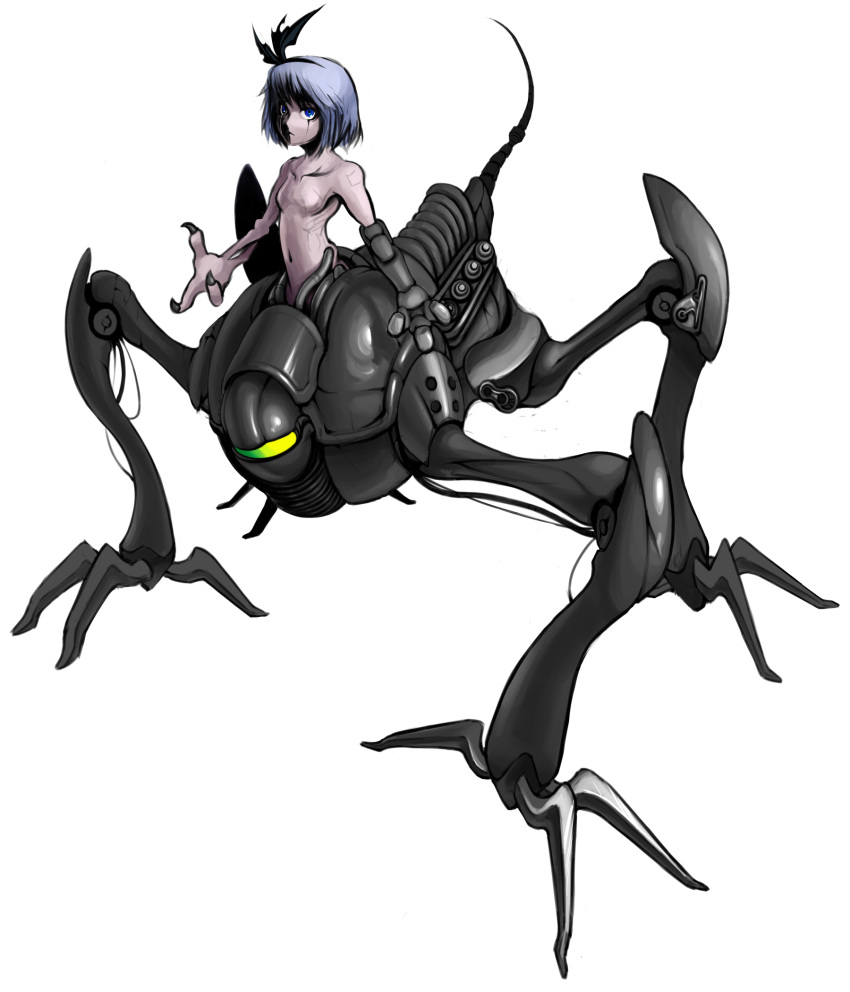 black_hairband blue_eyes body_horror breasts claws empty_eyes grey_hair hairband highres konpaku_youmu m.u.g.e.n mechanical_arms mechanical_legs mechanization multiple_legs myomega_(mugen) navel no_nipples short_hair small_hands spider-ma touhou