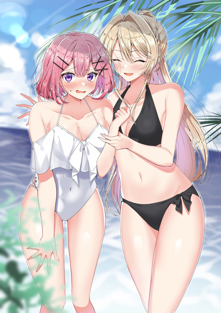 2girls amaori_renako bare_arms bikini black_bikini blonde_hair blue_sky blurry blush breasts cleavage closed_mouth cloud commentary_request covered_navel day depth_of_field embarrassed hair_between_eyes hair_intakes hair_ornament highres horizon long_hair medium_breasts multiple_girls navel ocean one-piece_swimsuit outdoors ouzuka_mai ozawa_sayori palm_tree purple_eyes red_hair short_hair sky smile standing swimsuit tree watashi_ga_koibito_ni_nareru_wake_naijan_murimuri wavy_hair white_one-piece_swimsuit x_hair_ornament yuri