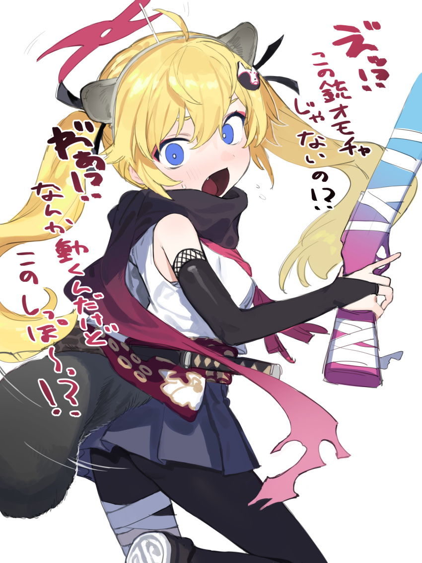 1girl ahoge animal_ears black_pantyhose black_scarf blonde_hair blue_archive blue_eyes blue_skirt bridal_gauntlets bright_pupils cosplay fake_animal_ears fake_halo fake_tail grisaia_(series) grisaia_no_kajitsu gun hair_between_eyes hair_ornament halo highres holding holding_gun holding_weapon long_hair looking_at_viewer matsushima_michiru michiru_(blue_archive) michiru_(blue_archive)_(cosplay) name_connection open_mouth pantyhose raccoon_ears raccoon_tail scarf shirt signalviolet simple_background skirt solo tail translation_request twintails voice_actor_connection weapon white_background white_pupils white_shirt