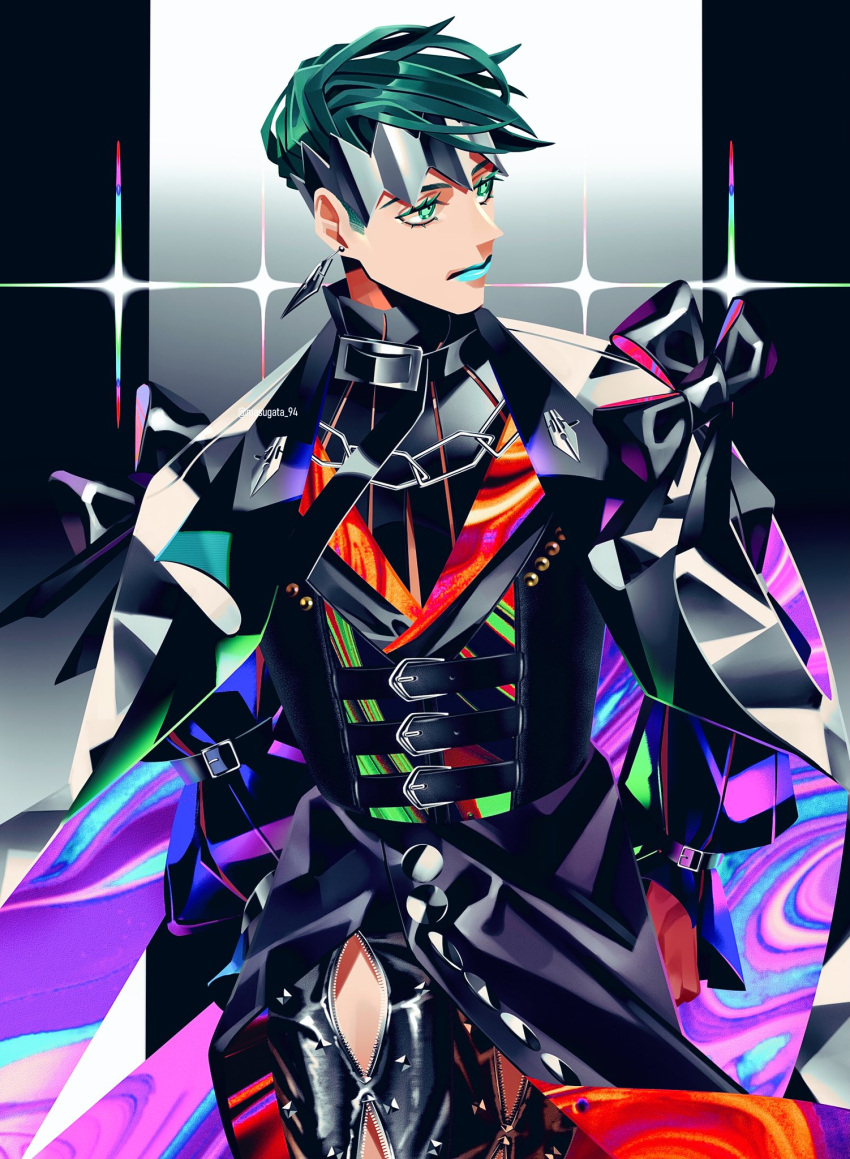 1boy blue_lips chest_belt clothing_cutout colorful earrings formal green_eyes green_hair headband highres iridescent jewelry jojo_no_kimyou_na_bouken kai_(masugata_94) kishibe_rohan leg_cutout male_focus ribbon shiny_clothes solo sparkle suit zipper