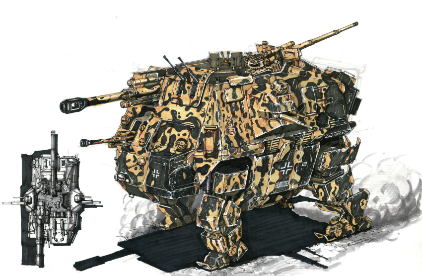 absurdres alternate_universe balkenkreuz camouflage cannon chenlongque comparison concept_art cross english_commentary germany gun highres light machine_gun machinery mecha military military_vehicle multiple_views robot the_man_in_the_high_castle walker_(robot) weapon wehrmacht