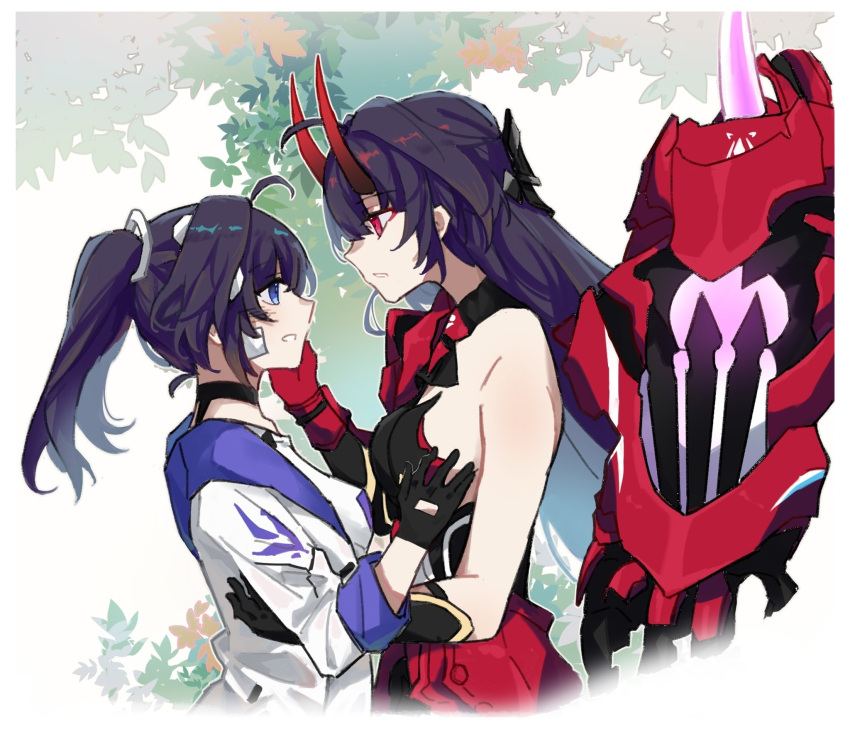 2girls ahoge armor bare_shoulders black_gloves black_headwear blue_eyes breasts gloves hand_on_another's_face height_difference high_ponytail highres honkai_(series) honkai_impact_3rd horns japanese_armor long_hair looking_at_another medium_breasts multiple_girls oni_horns parted_lips ponytail raiden_mei raiden_mei_(herrscher_of_thunder) raiden_mei_(striker_fulminata) red_eyes red_horns selfcest shiying_no_yao simple_background smile upper_body white_headwear