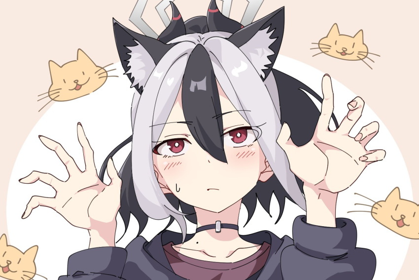 1girl animal_ears animal_print black_choker black_hair black_sweater blue_archive blush cat_ears cat_print choker commentary_request demon_girl demon_horns fake_animal_ears hair_between_eyes halo hood hooded_sweater horns kayoko_(blue_archive) long_hair long_sleeves looking_at_viewer mole mole_on_collarbone momomatang multicolored_hair paw_pose ponytail red_eyes sidelocks simple_background solo sweatdrop sweater two-tone_hair white_hair