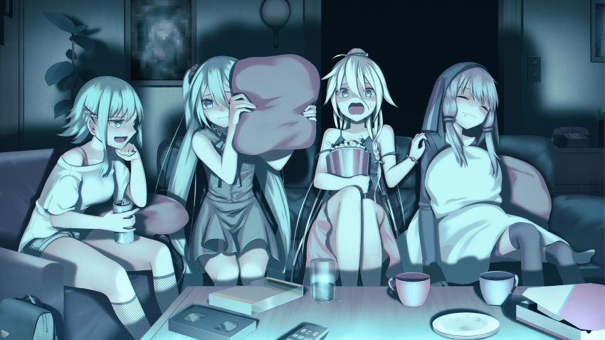 4girls absurdres alternate_costume animal_hood aqua_hair armchair beer_can black_camisole black_hoodie black_thighhighs blanket blonde_hair blue_eyes blush bucket camisole can chair closed_eyes closed_mouth commentary couch covering_one_eye cup dark_room dress drooling elbow_rest english_commentary fishnets food green_hair grey_dress gumi hair_between_eyes half-closed_eyes hand_on_another's_shoulder hatsune_miku head_rest highres holding holding_bucket holding_can holding_pillow hood hood_up hoodie ia_(vocaloid) indoors kneehighs long_bangs long_hair long_sleeves looking_at_another looking_at_viewer mouth_drool mug multiple_girls muted_color neck_ribbon off_shoulder on_couch open_mouth pillow pink_skirt pizza_box ponytail popcorn purple_hair rabbit_hood ribbon sakakidani scared shaded_face shirt short_dress short_hair_with_long_locks short_shorts short_sleeves shorts sitting skirt sleeping sleeping_upright sleeveless sleeveless_dress smirk socks spaghetti_strap sweat thighhighs twintails under_covers very_long_hair videocassette vocaloid voiceroid watching_television wavy_mouth white_shirt yuzuki_yukari