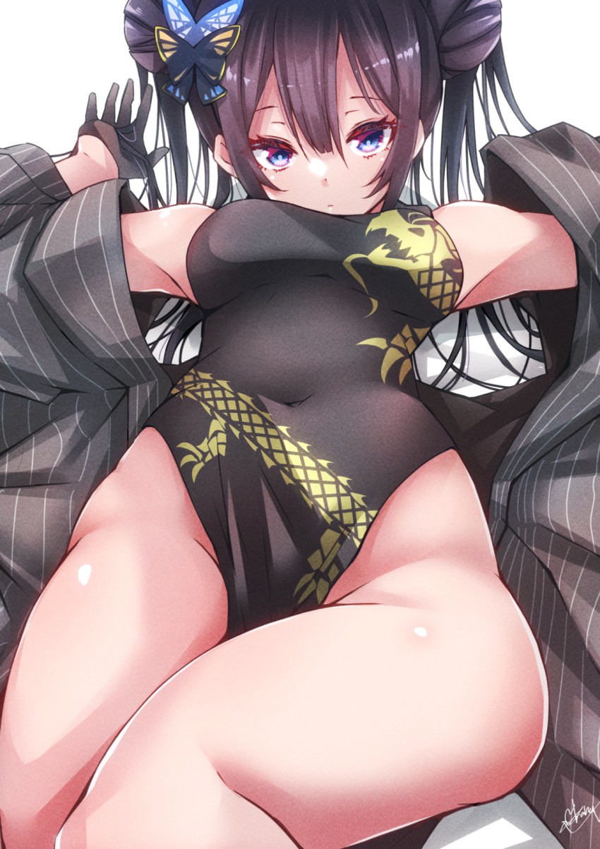 1girl black_dress black_gloves black_hair black_kimono blue_archive blue_eyes breasts butterfly_hair_ornament china_dress chinese_clothes closed_mouth commentary covered_navel curvy double-parted_bangs double_bun dragon_print dress expressionless eyelashes foreshortening gloves hair_between_eyes hair_bun hair_ornament hair_spread_out hands_up highleg highleg_dress highres japanese_clothes kimono kisaki_(blue_archive) long_hair looking_at_viewer lying medium_breasts off_shoulder on_back open_clothes open_kimono signature simple_background solo thighs twintails upturned_eyes white_background yanagiba_sakana