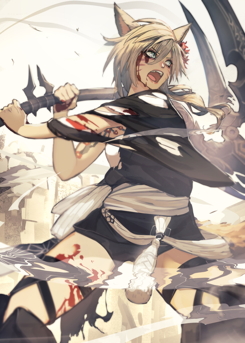 1girl absurdres animal_ears arm_tattoo battle blonde_hair blood blue_eyes cat_ears cat_tail facial_mark final_fantasy final_fantasy_xiv flower hair_between_eyes hair_flower hair_ornament hide_(hideout) highres holding holding_scythe injury long_hair miqo'te open_mouth reaper_(final_fantasy) scythe shorts solo tail tattoo torn_clothes warrior_of_light_(ff14) whisker_markings