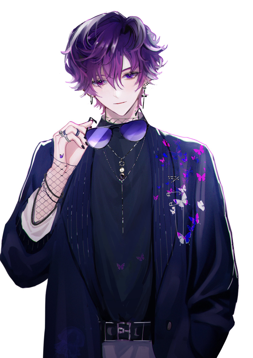 absurdres black_nails black_shirt cowboy_shot hand_up highres jewelry necklace nijisanji nijisanji_en purple_eyes purple_hair shirt simple_background sunglasses uki_violeta white_background yama_(yamaxxxaoi)