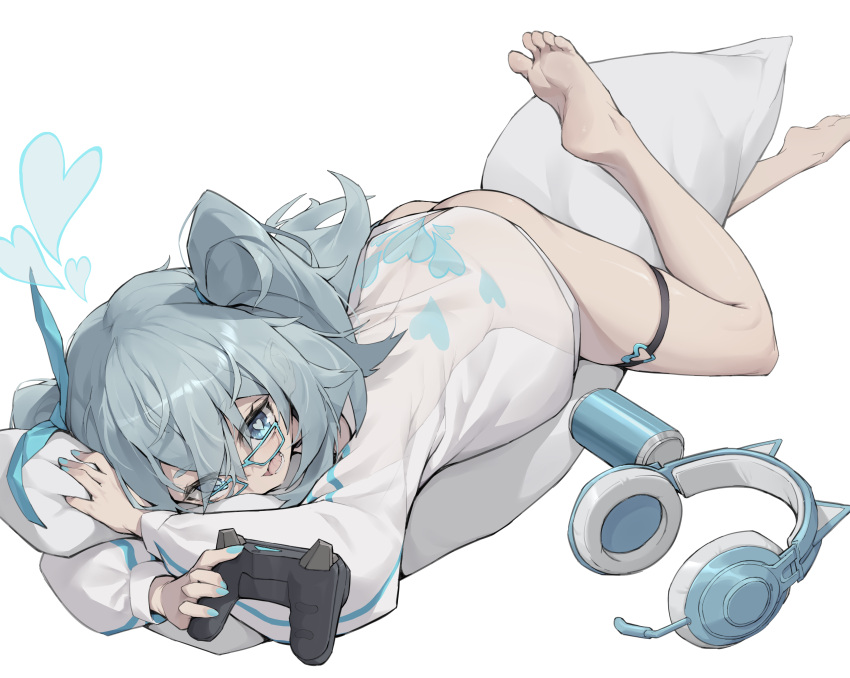 1girl absurdres ass barefoot blue_eyes blue_hair body_pillow can commentary_request controller full_body game_controller girls'_frontline glasses headset headset_removed heart heart-shaped_pupils highres holding holding_controller holding_game_controller iyasu_shikaku long_hair long_sleeves looking_at_viewer messy_hair naked_shirt official_alternate_costume open_mouth pa-15_(girls'_frontline) pa-15_(marvelous_yam_pastry)_(girls'_frontline) pillow see-through shirt simple_background soda_can solo symbol-shaped_pupils thigh_strap twintails white_background white_shirt