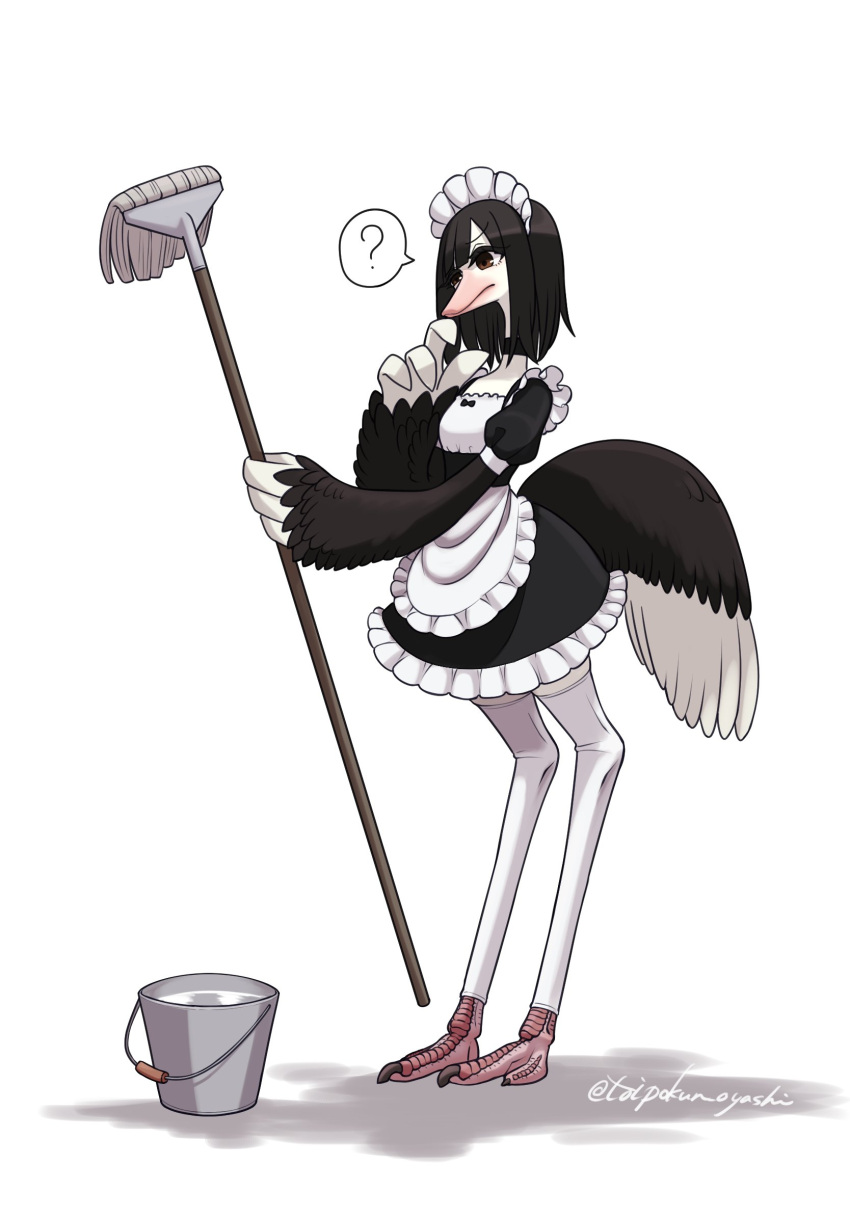 anthro avian avian_feet bird black_body black_feathers black_hair brown_eyes bucket choker claws cleaning_tool clothing container digitigrade feathers female hair hi_res jewelry legwear maid_headdress maid_uniform mop necklace ostrich question_mark ratite semi-anthro simple_background small_waist solo tail_feathers thigh_highs toipokun_oyashi uniform white_background white_body white_feathers wide_hips winged_arms wings