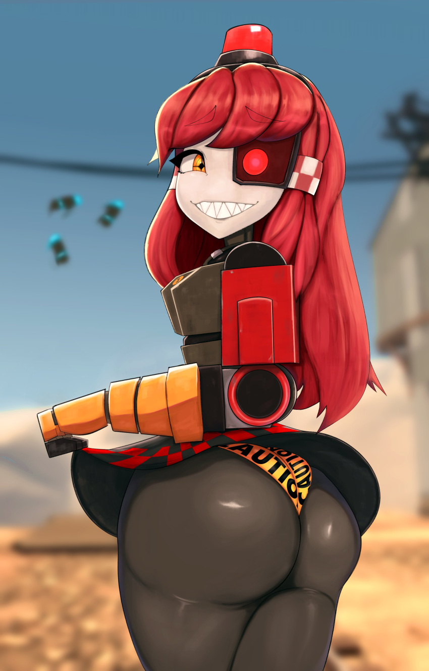 1girl absurdres alarm_siren ass black_dress borrowed_character caution_tape checkered_trim clothes_lift crosshair_pupils day dress explosive grenade grin heterochromia highres joints long_hair looking_at_viewer looking_back mimi-sentry original outdoors panties personification red_eyes red_hair robot robot_girl robot_joints sharp_teeth skirt skirt_lift smile tainypie team_fortress_2 teeth underwear wide_hips wrench yellow_eyes yellow_panties