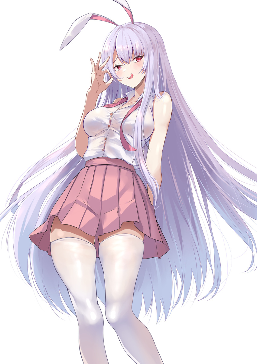 1girl animal_ears bare_shoulders blush breasts buttons collared_shirt feet_out_of_frame hair_between_eyes highres i.f.s.f large_breasts light_purple_hair long_hair necktie open_mouth pink_necktie pink_skirt pleated_skirt rabbit_ears red_eyes reisen_udongein_inaba shirt skirt sleeveless sleeveless_shirt solo thighhighs tongue tongue_out touhou undone_necktie white_shirt white_thighhighs