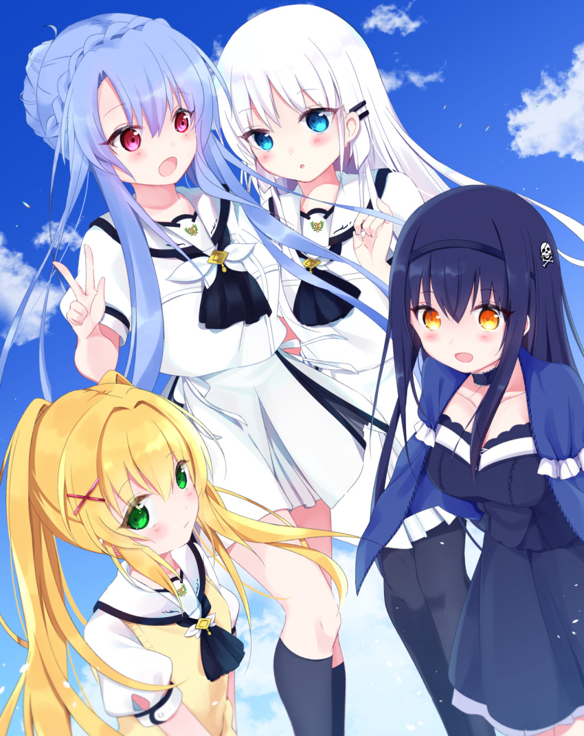 4girls :d :o ascot black_ascot black_dress black_hair black_hairband black_socks blonde_hair blue_capelet blue_eyes blue_hair blue_sky blush bone_hair_ornament breasts capelet cleavage_cutout closed_mouth clothing_cutout cloud commentary cowboy_shot day dress eyes_visible_through_hair feet_out_of_frame floating_hair frilled_capelet frills green_eyes hair_between_eyes hair_intakes hair_ornament hairband hairclip hand_up highres kushima_kamome large_breasts long_hair looking_at_another looking_at_viewer miniskirt multiple_girls naruse_shiroha open_mouth outdoors puffy_short_sleeves puffy_sleeves red_eyes sailor_collar school_uniform shirt short_sleeves skirt skull_and_crossbones skull_hair_ornament sky smile socks sorakado_ao standing straight_hair summer_pockets sweater_vest tsumugi_wenders twintails upper_body very_long_hair w white_hair white_sailor_collar white_shirt white_skirt x_hair_ornament yellow_eyes yellow_sweater_vest yutori_z71