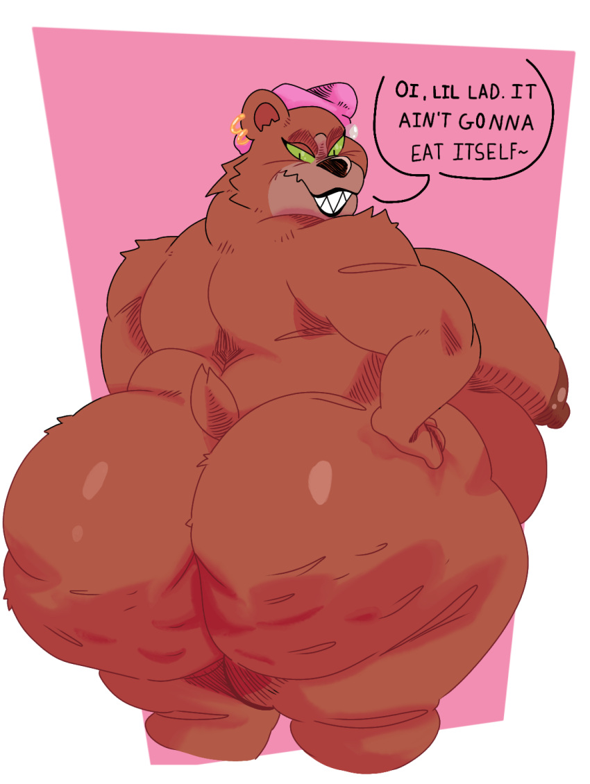 2023 anthro anthrofied areola bear bent_arm beret big_areola big_breasts big_butt big_nipples big_nose biped black_nose black_pupils black_text breasts brown_areola brown_body brown_ears brown_eyelids brown_fur brown_inner_ear brown_inner_ear_fluff brown_nipples brown_tail butt butt_tuft cellulite cheek_tuft clenched_teeth clothing countershade_snout countershading dialogue digital_drawing_(artwork) digital_media_(artwork) dreamworks ear_piercing ear_ring english_text eyelids facial_tuft female fingers fur fur_tuft geometric_background glistening glistening_areola glistening_butt glistening_eyes green_sclera grin grinning_at_viewer hand_on_hip hand_on_own_hip hat head_turned headgear headwear hi_res huge_areola huge_belly huge_breasts huge_butt huge_nipples inner_ear_fluff inviting looking_at_viewer looking_back looking_back_at_viewer mama_bear mama_bear_(puss_in_boots) mammal mature_anthro mature_female mostly_nude mostly_nude_anthro mostly_nude_female nipples no_irises obese obese_anthro obese_female overweight overweight_anthro overweight_female piercing pink_beret pink_clothing pink_hat pink_headwear portrait pupils puss_in_boots_(film) puss_in_boots_the_last_wish ring_piercing round_ears sharp_teeth short_tail shoulder_tuft simple_background small_pupils smile snout solo speech_bubble standing tail talking_to_viewer teeth text thick_arms thick_thighs three-quarter_portrait torygoat tuft white_ear_piercing white_ear_ring white_piercing yellow_ear_piercing yellow_ear_ring yellow_piercing
