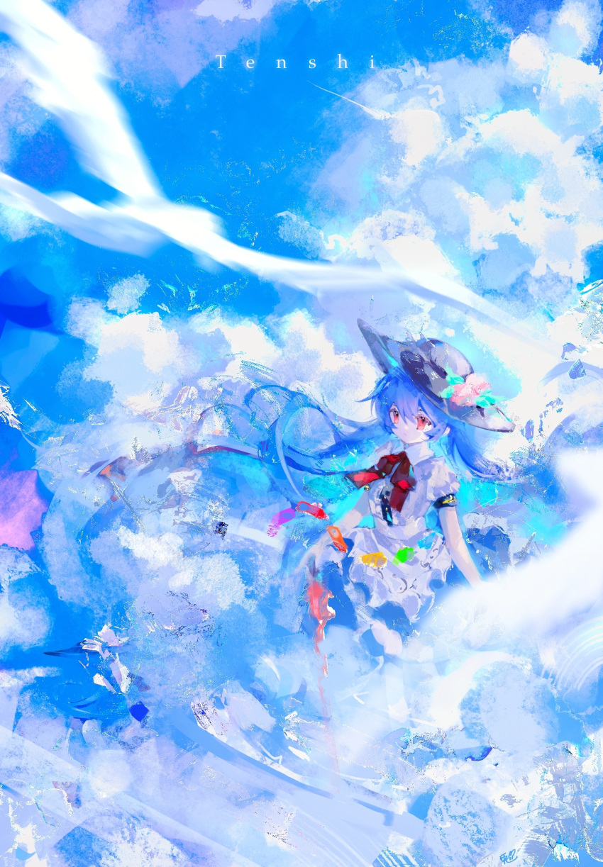 1girl black_headwear blue_hair blue_skirt cloud cloudy_sky collared_shirt hat highres hinanawi_tenshi long_hair rainbow_order red_eyes ringo_no_usagi_(artist) shirt short_sleeves skirt sky solo sword sword_of_hisou touhou weapon white_shirt