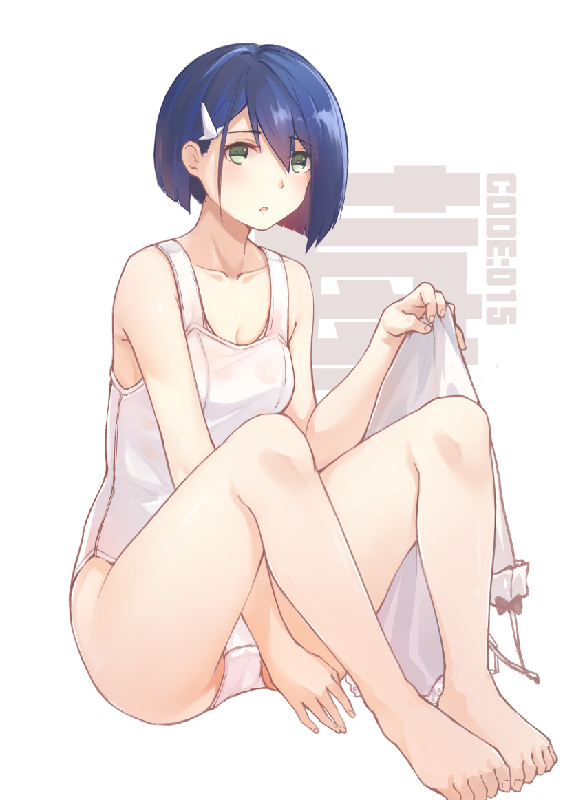 1girl absurdres asymmetrical_hair barefoot between_legs blue_hair blunt_ends blush bob_cut breasts character_name chinese_commentary cleavage collarbone commentary darling_in_the_franxx dress feet full_body green_eyes hair_between_eyes hair_ornament hairclip hand_between_legs hand_up highres holding holding_clothes holding_dress ichigo_(darling_in_the_franxx) inverted_bob knees_up legs looking_at_viewer luojiwei one-piece_swimsuit parted_lips school_swimsuit short_hair sitting small_breasts solo sundress swept_bangs swimsuit toe_scrunch toenails toes translated unworn_dress white_background white_dress white_one-piece_swimsuit